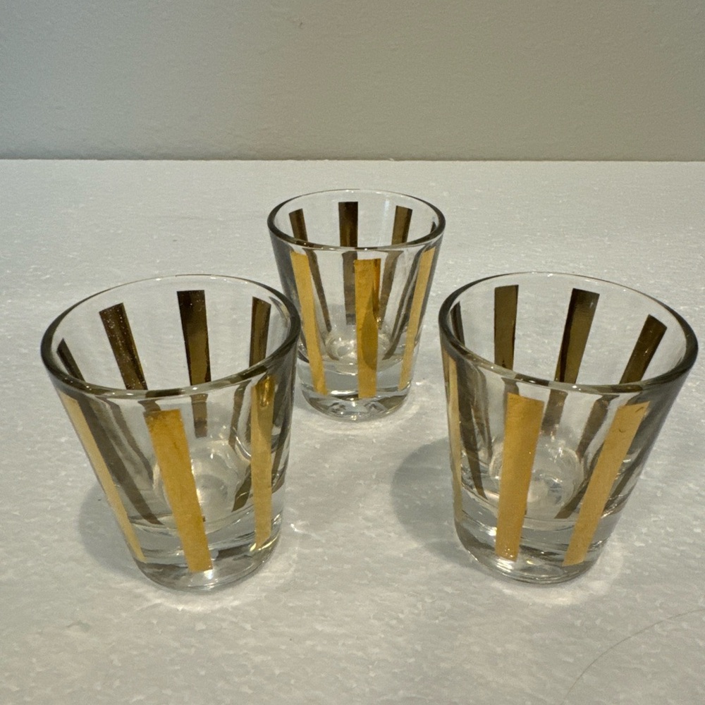 3 Vintage 1960’s Mid-Century Gold Etched Shot Glasses